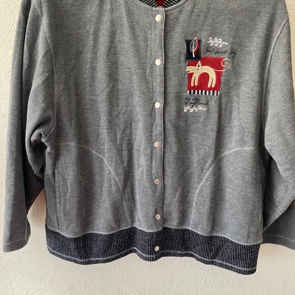 Blast Button-Up Cardigan Womens Size L Gray Embroidered Animal Striped Cotton B - Picture 8 of 16